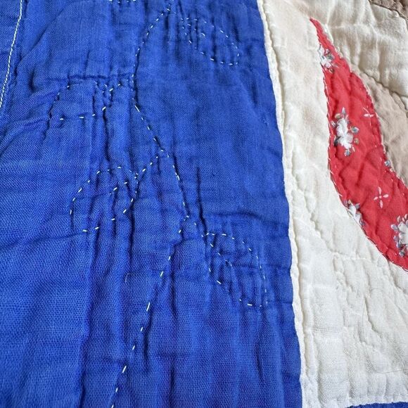 Vintage Parasol Ladies Quilt Hand Stitched Appliqués Blue Border Twin 74”X91” - Picture 10 of 16